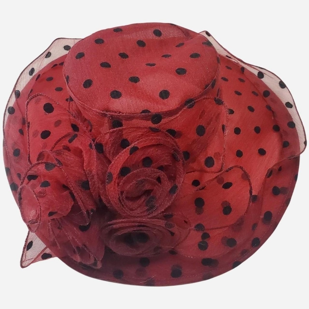 Vintage Organza Hat Womens One Size Red Black Polka Dot With A Flower Detail